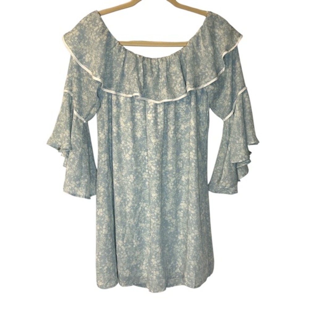 June‎ & Hudson Floral Mini Dress Ruffle Bell Sleeve Off Shoulder Blue M